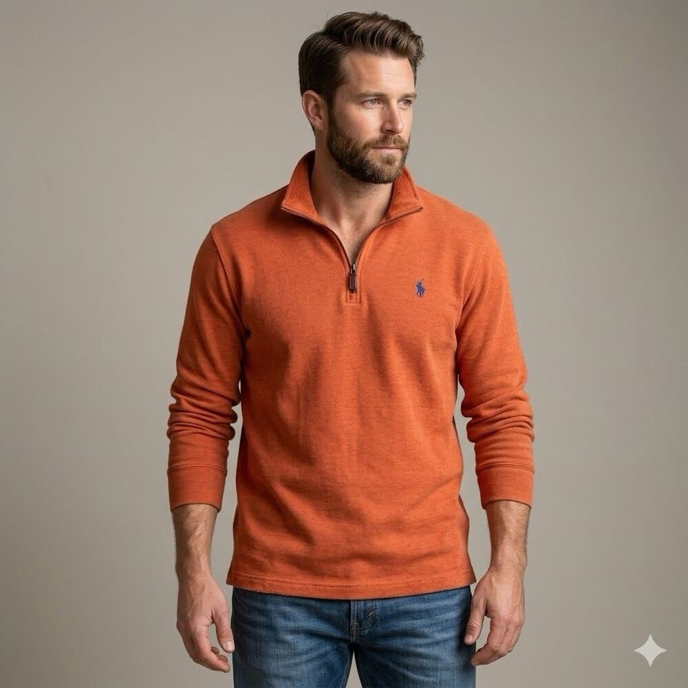 Polo Ralph Lauren Sweater Mens XL Orange 1/4 Zip Mock Neck Ribbed Pullover